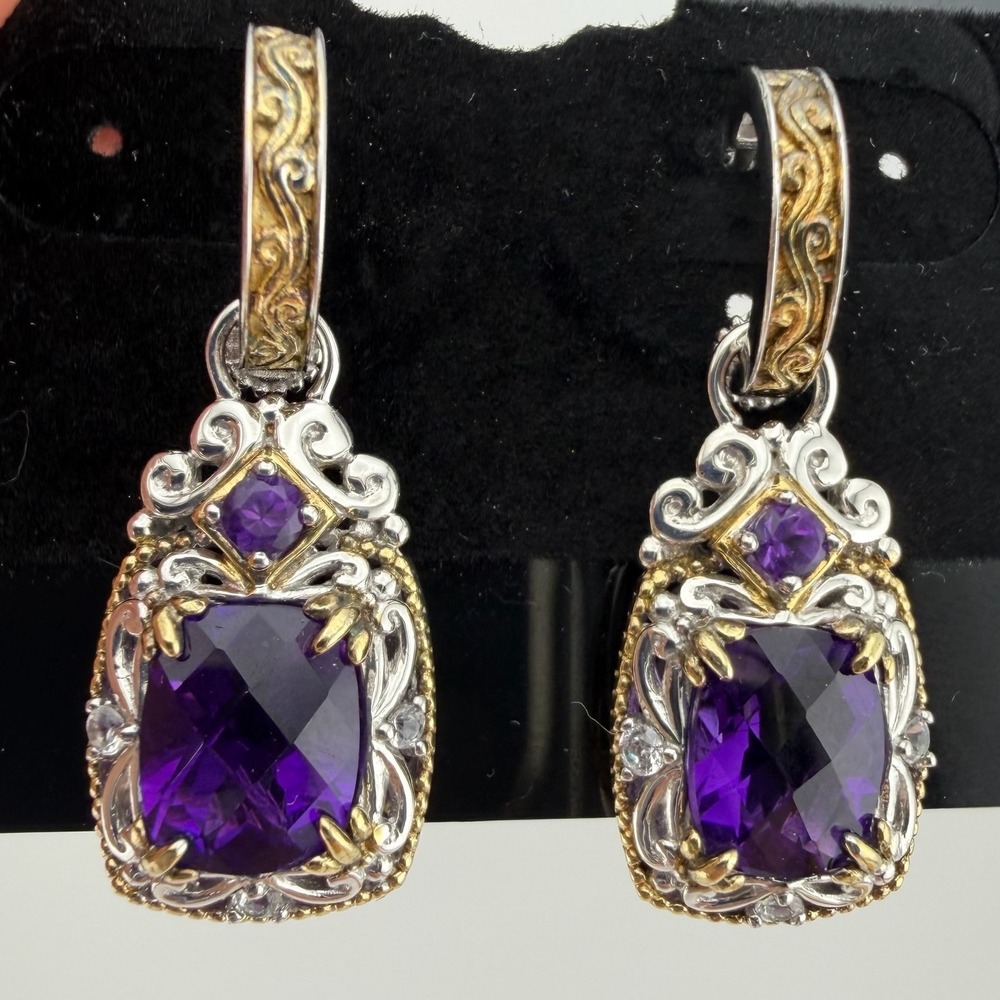 NH Michael Valitutti Sterling Silver Amethyst Drop Earrings Two Tone Filigree